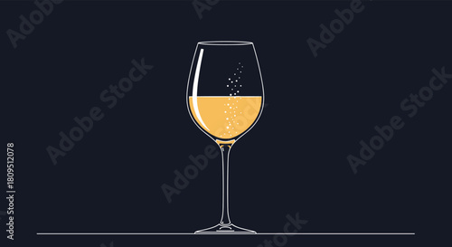 A minimalist and elegant line art illustration of a single glass of sparkling white wine or champagne on a dark background.