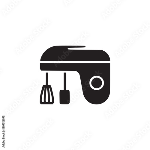Isolated black silhouette of a hand mixer with two attachments on a plain white background