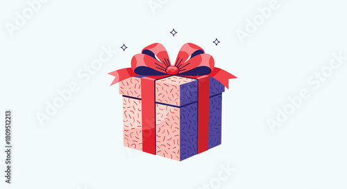A vibrant and stylishly textured gift box in blue and pink with a large festive red ribbon and bow on a light background.