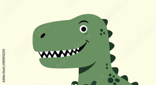 A charming and friendly green Tyrannosaurus Rex cartoon character smiling against a soft cream-colored background.