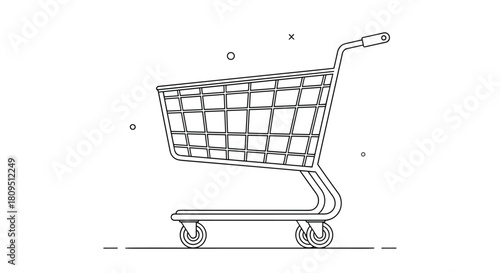 A clean and simple black line art illustration of an empty supermarket shopping cart or trolley on a white background.