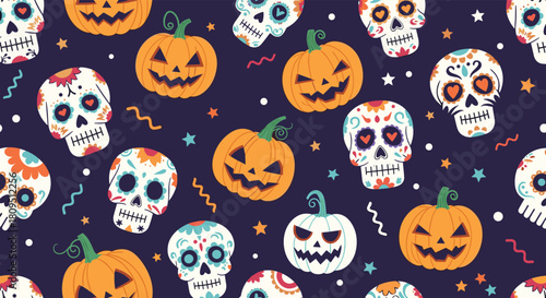A festive seamless Halloween pattern featuring decorated sugar skulls and jack-o-lanterns on a dark navy blue background.