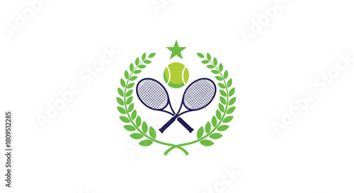 A classic tennis club or tournament logo featuring two crossed rackets a ball and a star inside a green laurel wreath.