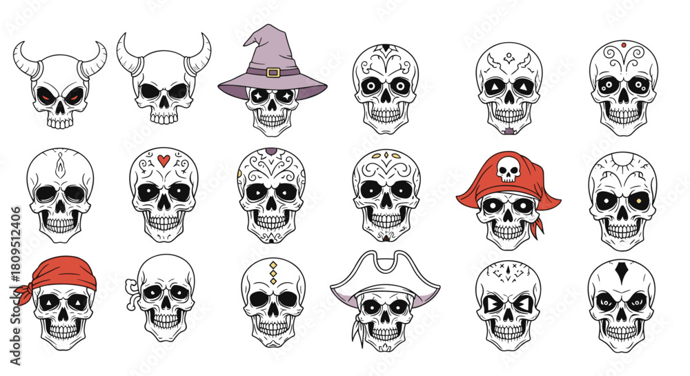 Obraz premium A large and diverse set of hand-drawn skull illustrations including pirate demon and decorated Day of the Dead styles.