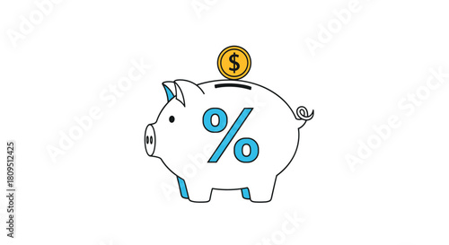 Gold dollar coin being inserted into a white piggy bank with a blue percentage symbol representing savings and investment returns.