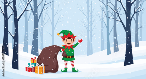 Cheerful Christmas elf waves with a large sack of presents while standing in a beautiful snowy winter forest landscape.