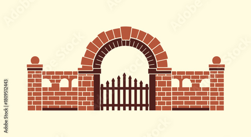 Classic red brick fence and archway with a dark wooden gate creating an elegant and traditional entrance silhouette design.