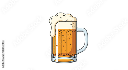 Frothy glass mug of cold light beer with overflowing white foam and bubbles creating a refreshing and classic pub beverage.