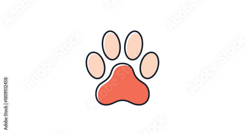 Simple and cute cartoon animal paw print icon with a pink pad and light-colored toes outlined in black for a pet theme.