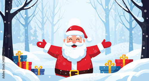 Joyful Santa Claus with open arms welcomes everyone to a snowy winter wonderland forest filled with colorful Christmas gifts.