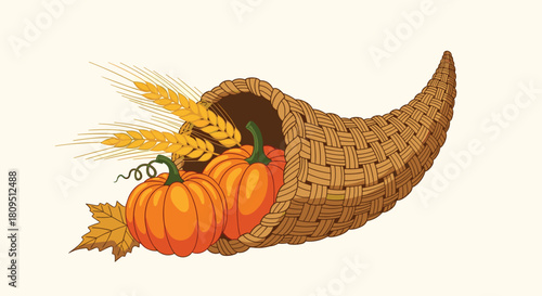 Traditional Thanksgiving cornucopia overflowing with autumn harvest bounty including ripe pumpkins wheat stalks and a fall leaf.