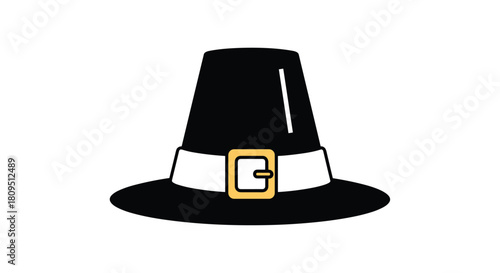Classic black pilgrim hat with a white band and a gold buckle representing the traditional Thanksgiving holiday costume.