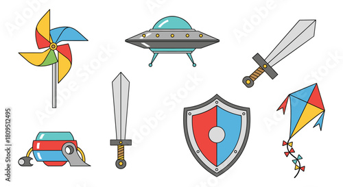 Colorful collection of classic children's toys including a pinwheel UFO swords shield robot and a kite for playtime fun.