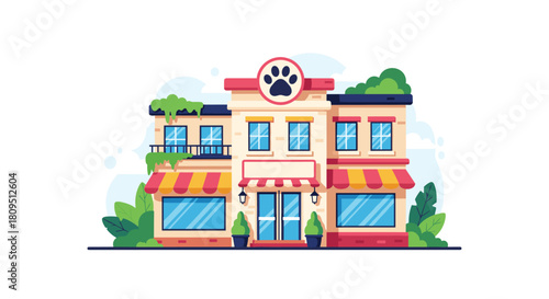 Cheerful pet shop building facade with a large paw print sign striped awnings and greenery for animal lovers to visit.