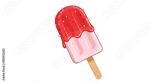 Refreshing pink strawberry popsicle on a wooden stick with red syrup dripping down for a sweet summer treat illustration.