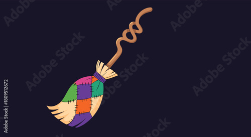 Whimsical witch's broom with a colorful patchwork design and a curly wooden handle for a magical Halloween celebration.