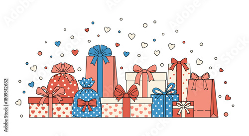 Lovely collection of gift boxes and bags in various sizes with colorful bows and heart patterns for any celebration.