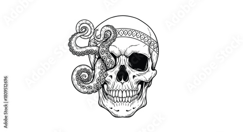 Detailed hand-drawn illustration of a human skull with twisting octopus tentacles emerging from one eye socket for a dark art design.
