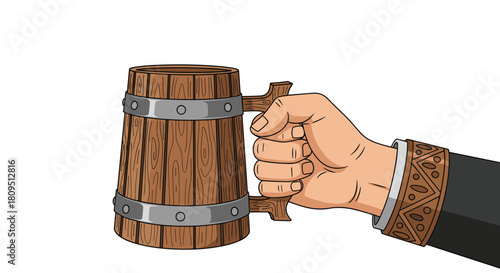 Hand with a decorative cuff firmly holds a large wooden beer mug creating a scene of celebration and cheers in a tavern.