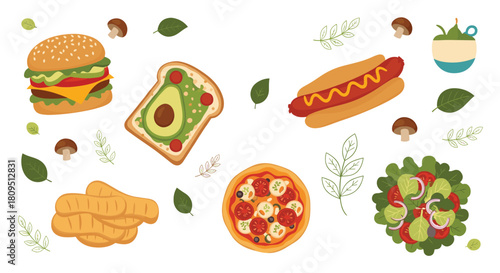 Delicious assortment of popular foods including a hamburger pizza hot dog and avocado toast in a textured illustration set.