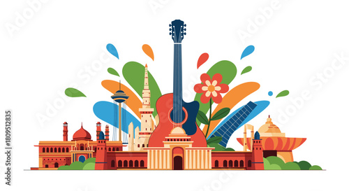 Colorful collage of famous Indian landmarks and cultural symbols centered around a large acoustic guitar celebrating India.