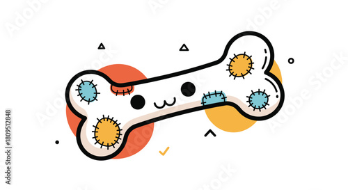 Adorable kawaii dog bone character with a cute face and colorful patches in a playful and modern illustration style.