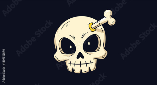 Spooky and funny cartoon skull with large eyes and a bone pierced through its head on a dark navy blue background.