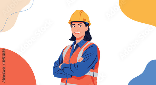Confident female construction worker or engineer in a hard hat and safety vest stands with her arms crossed and smiling.