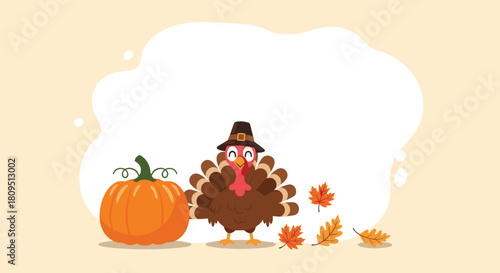 Cute Thanksgiving scene with a turkey in a pilgrim hat a large pumpkin and falling autumn leaves on a pastel background.