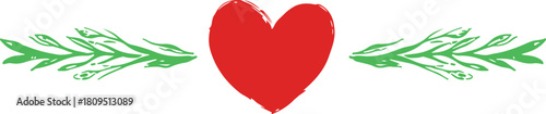 Red Hand- Drawn Heart with Green Leafy Branches on White Background love romance