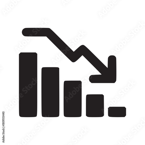 Black downward trend line with falling bar chart on a white background showing loss or decline