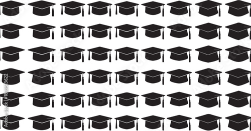 Seamless pattern of graduation caps with tassels in rows on a white background Keywords: graduation cap, mortarboard, education, academic, degree, diploma, ceremony, achievement, success, student