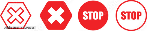 Red Stop and No Entry Symbols. Driving warning signs. Prohibition Road Sign Set. Vehicle warning icons. Traffic restriction symbol
