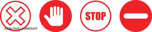 Red Stop and No Entry Symbols. Driving warning signs. Prohibition Road Sign Set. Vehicle warning icons. Traffic restriction symbol
