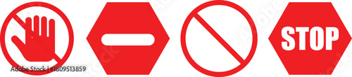 Red Stop and No Entry Symbols. Driving warning signs. Prohibition Road Sign Set. Vehicle warning icons. Traffic restriction symbol

