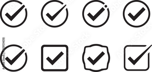Set of black check mark icons in circles and squares on a white background Keywords: check mark, tick, check, mark, icon, symbol, sign, approval, success, done, completed, correct, yes