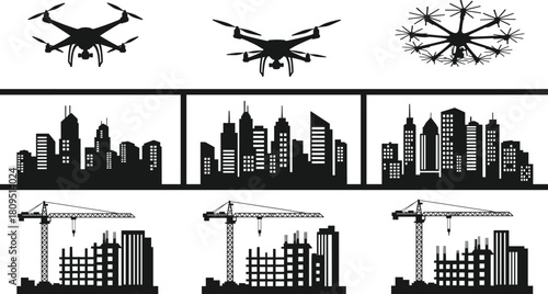 Drone silhouettes, city skylines, construction cranes, urban development, modern architecture, aerial technology, skyscrapers, infrastructure growth, building silhouettes, tower cranes,