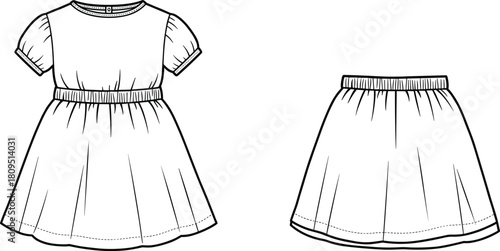 Dress fashion sketch, skirt technical drawing, sewing pattern outline, garment flat vector, clothing design illustration, apparel template, cad drawing flat vector