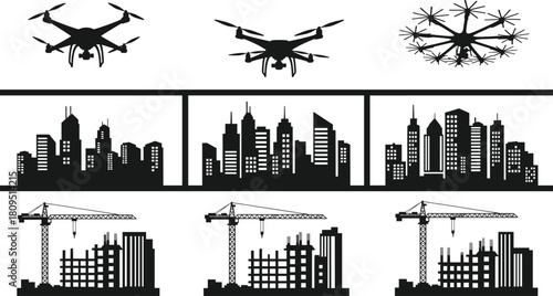 drone, quadcopter, octocopter, technology, aerial, cityscape, skyline, urban, construction, crane, building, architecture, silhouette, vector, illustration, modern, industrial, infrastructure,