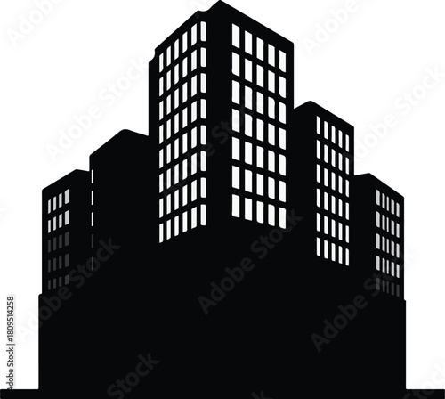 Silhouette of a cluster of modern high-rise buildings with illuminated windows against a white background Keywords: building, skyscraper, city, architecture, silhouette, urban, office, apartment