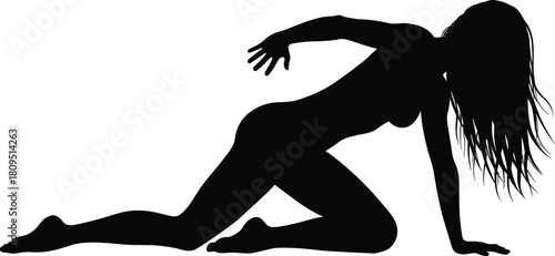 Dynamic silhouette pose, black vector illustration, expressive body movement, long hair figure, modern dance design, athletic balance art, abstract human posture, performance