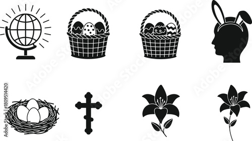 Easter egg basket silhouette, bunny ears head icon, Christian cross vector, lily flower illustration, globe symbol design, spring holiday element, cad drawing flat vector
