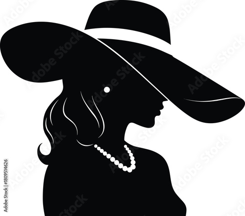Elegant woman silhouette, wide brim hat fashion, pearl necklace jewelry, stylish profile portrait, mysterious lady illustration, black white minimalist art