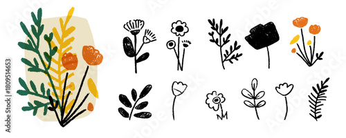 Crayon and ink vector set illustration. Hand drawn textured botanical sketch doodle with rough black silhouettes, simple abstract flowers, and rustic scandi style graphic art for spring nature