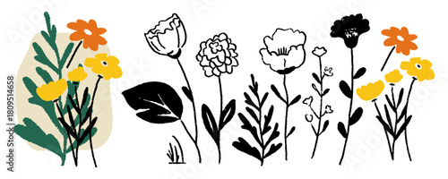 Crayon ink vector set illustration. Textured hand drawn botanical sketch doodle with naive, childish flowers, abstract graphic silhouettes, mustard, yellow color accents. Modern spring, summer design