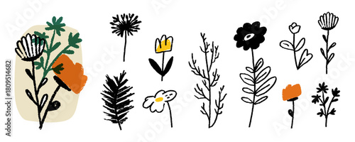 Crayon and ink vector illustration set. Textured hand drawn botanical sketch doodle with rough black stroke, simple abstract flowers, and rustic scandi style graphic art. Vintage nature clipart
