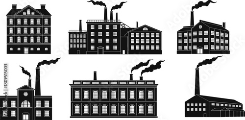 Factory silhouettes, industrial buildings, smokestacks, manufacturing plants, urban industry, pollution concept, warehouse silhouettes, power plant, heavy industry, factory icons, industrial