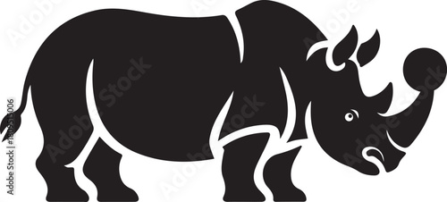 Black Silhouette of a Rhinoceros with a Ball on its Horn white background