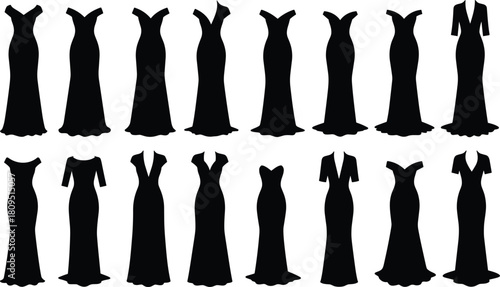 Evening gown silhouette collection, fashion dress design, elegant clothing template, formal wear illustration, stylish outfit vector, women apparel, couture fashion, trendy style