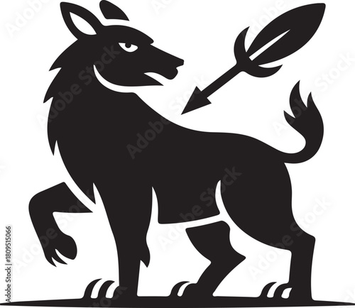 Black silhouette of a wolf standing with a spear pointing towards it Keywords: wolf, canine